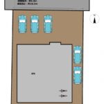 【リフォーム後/区画図（予定）】並列4台、合計で5台の車が停められます。また、宅内のガレージにはバイクが置けるスペースもございます。