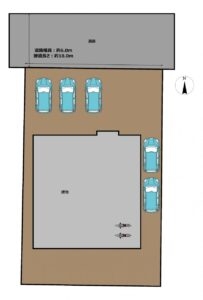 【リフォーム後/区画図（予定）】並列4台、合計で5台の車が停められます。また、宅内のガレージにはバイクが置けるスペースもございます。