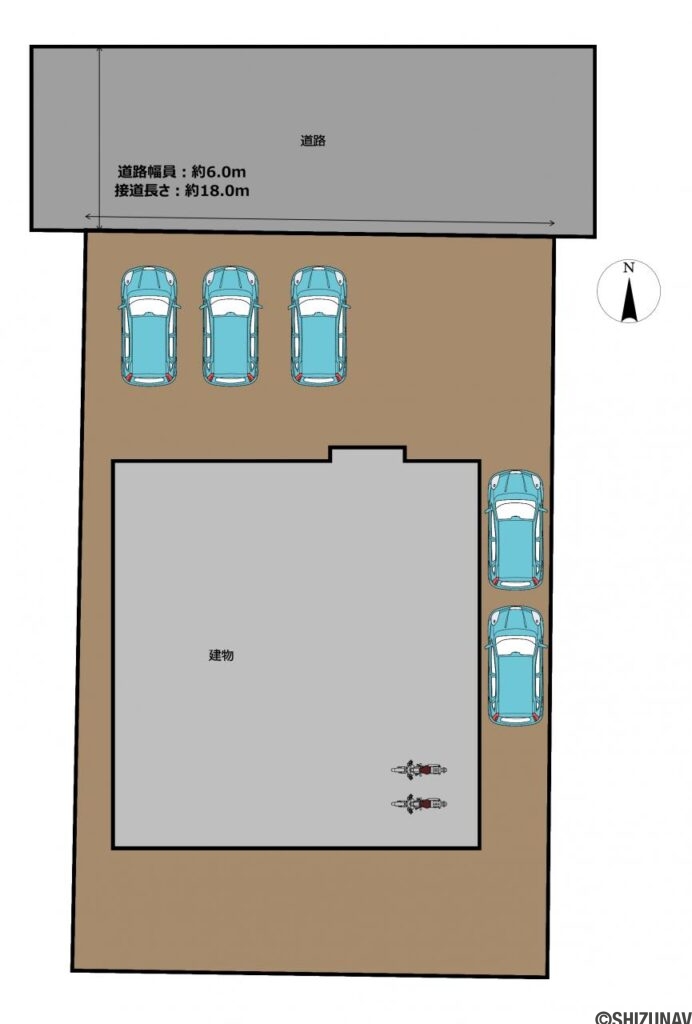 【リフォーム後/区画図（予定）】並列4台、合計で5台の車が停められます。また、宅内のガレージにはバイクが置けるスペースもございます。