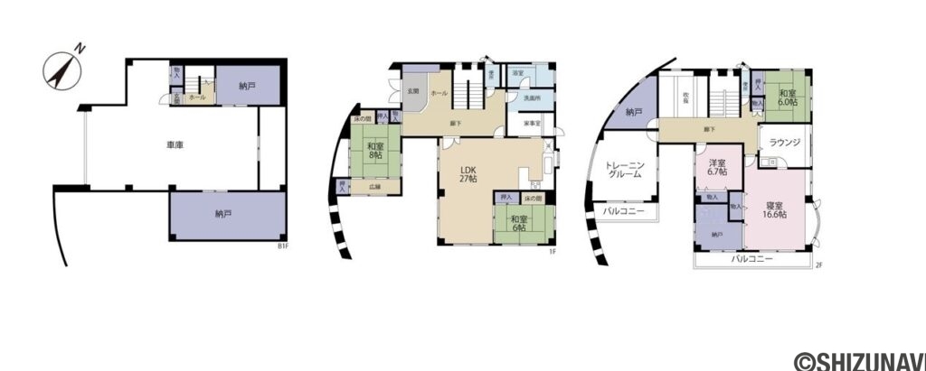 清水区殿沢1丁目　☆富士山を望める戸建☆の7LDK（地階：ガレージ・納戸×3
1階：LDK27帖、和室8帖、和室6帖
2階：寝室16.6帖、洋室6.7帖、和室6帖、トレーニングルーム、ラウンジ、納戸×2）の間取り図
