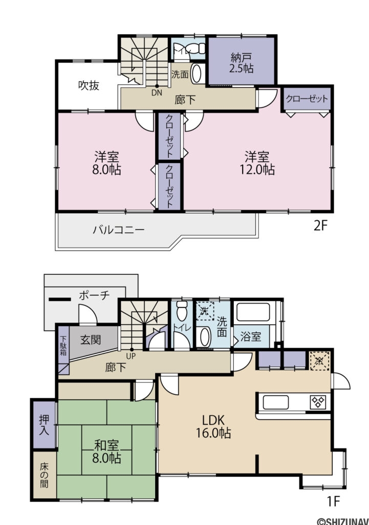 裾野市稲荷　裾野駅まで徒歩12分の中古建て　2階建て　３ＬＤＫの3LDK（１Ｆ：ＬＤＫ（１６帖）・和室（８帖）※押入・床の間有・浴室・洗面脱衣室・トイレ
２Ｆ：洋室Ａ（８帖）・洋室Ｂ（１２帖）・納戸（2.5帖）※各室収納有
★２Ｆ洋室Ｂは２室に区切り６帖洋室×２室にすることも可能です。ご希望の場合は個別にご相談ください。）の間取り図