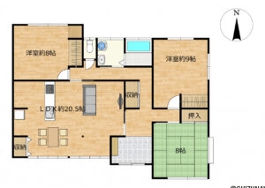 【リフォーム予定／間取り図】約20帖のLDKになるようキッチンを移設します。個室もすべて8帖以上の大きさがあるので、ゆとりのある３LDKに生まれ変わります。