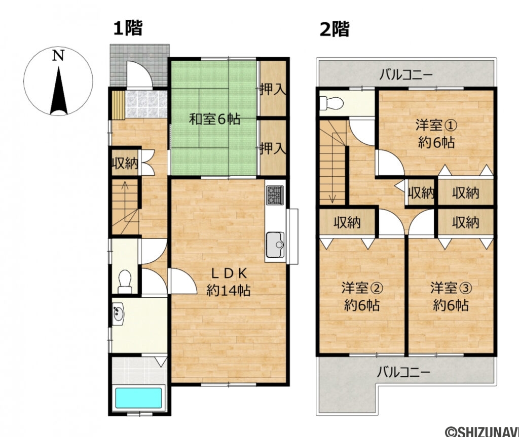 浜松市中央区高林　中古住宅の中古住宅4LDK（リビングダイニングキッチン約14帖、洋室約6帖×3部屋、和室約6帖）