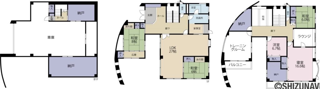 清水区殿沢1丁目　☆富士山を望める戸建☆の7LDK（地階：ガレージ・納戸×3
1階：LDK27帖、和室8帖、和室6帖
2階：寝室16.6帖、洋室6.7帖、和室6帖、トレーニングルーム、ラウンジ、納戸×2）の間取り図