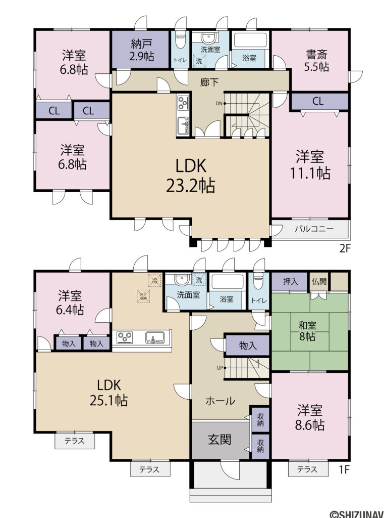 浜名区内野台　2世帯　中古住宅　の（1階 LDK25.1帖、洋室8.6帖、洋室6.4帖、和室8帖
2階 LDK23.2帖、洋室11.1帖、洋室6.8帖、洋室6.8帖、書斎5.5帖、納戸2.9帖）の間取り図