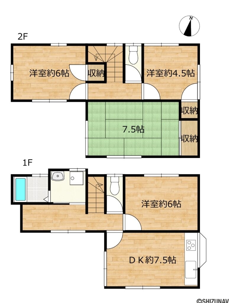 【現況販売4/20まで】静岡市清水区有東坂2丁目　4DKの4DK（1階：DK7.5帖、洋室6帖
2階：洋室6帖、4.5帖、和室7.5帖）の間取り図
