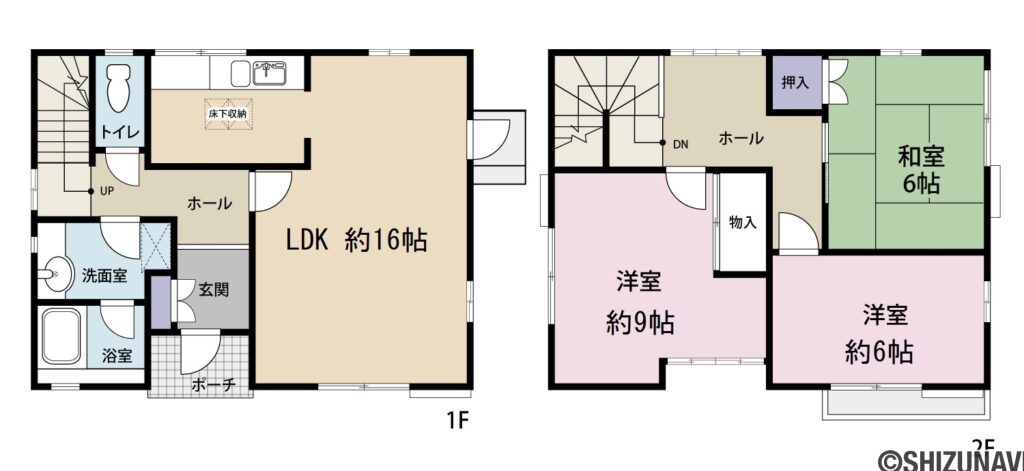富士宮市青木平　積水ハウス施工　中古住宅の3LDK（■1階
LDK：約16帖
■2階
洋室：約9帖
洋室：約6帖
和室：約6帖）の間取り図