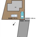 【区画図】現在の庭部分を平坦にならし、砕石を敷いて駐車場に変更する予定です。普通車２～３台駐車可能となります。