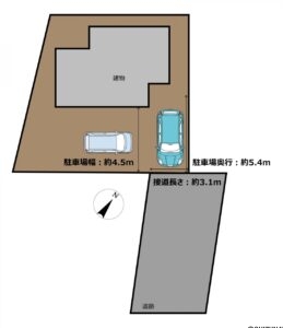 【区画図】現在の庭部分を平坦にならし、砕石を敷いて駐車場に変更する予定です。普通車２～３台駐車可能となります。
