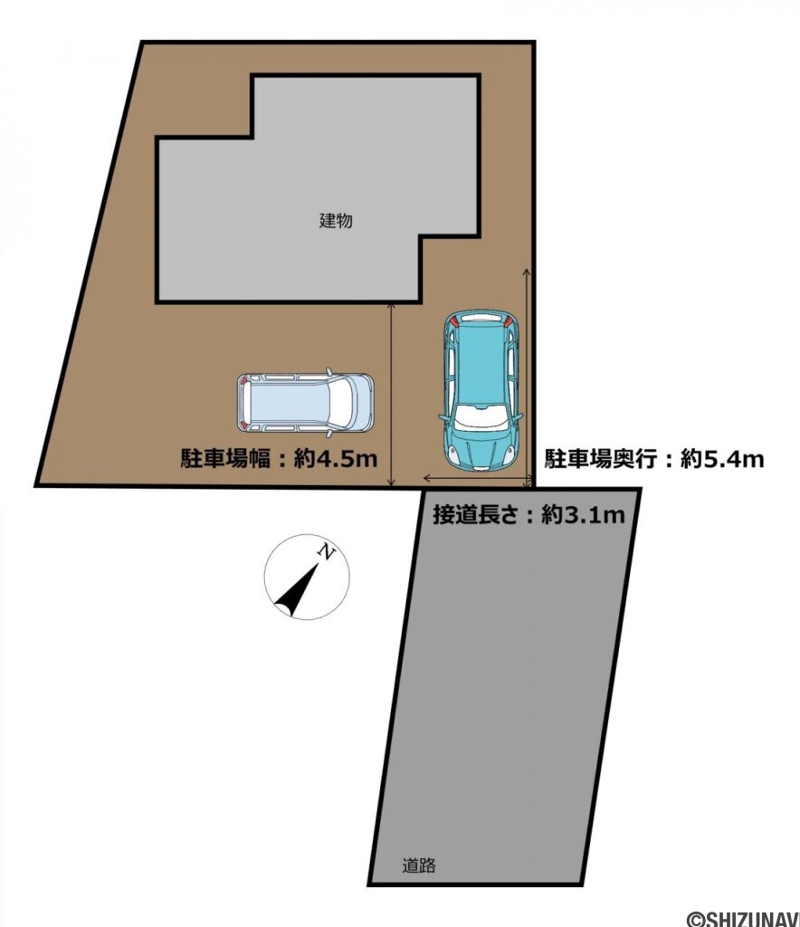 【区画図】現在の庭部分を平坦にならし、砕石を敷いて駐車場に変更する予定です。普通車２～３台駐車可能となります。