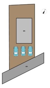 【区画図】並列3台駐車可能です。前面道路は一方通行なのでゆっくり駐停車していただけます。