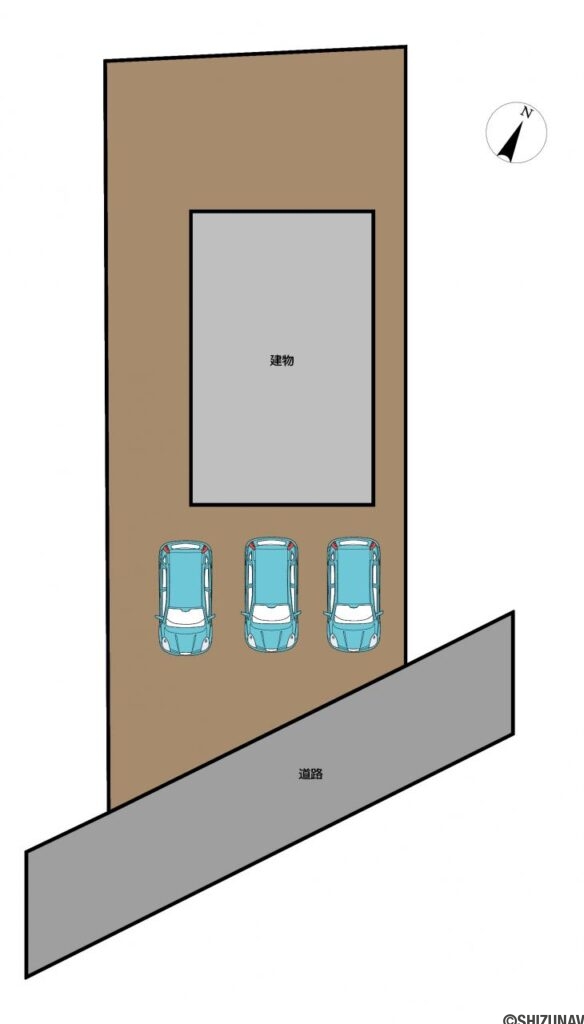 【区画図】並列3台駐車可能です。前面道路は一方通行なのでゆっくり駐停車していただけます。