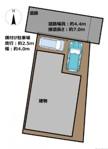 【区画図】普通車1台と軽自動車1台を停めていただけます。前面道路の交通量は少ないので、駐停車時も安心ですね。