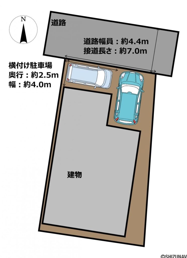 【区画図】普通車1台と軽自動車1台を停めていただけます。前面道路の交通量は少ないので、駐停車時も安心ですね。