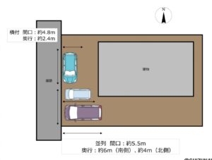 【リフォーム予定／区画図】工事前は軽自動車が並列2台の駐車場ですが、拡張工事を行う予定です。工事後は車種によりますが最大3台駐車が出来るようになります。