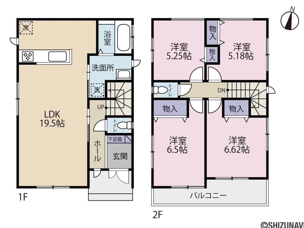 三島市梅名　中古住宅の中古住宅4LDK（リビングダイニングキッチン約19.5帖・洋室約6.5帖・洋室約6.62帖・洋室約5.25帖・洋室約5.18帖）