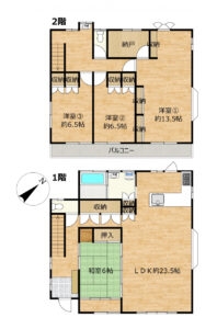 【間取り図】4LDKの間取です。建物面積が約144.4㎡とゆとりのある大きさになっています。