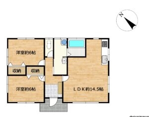 【間取り図】2LDKのコンパクトな平屋戸建です。