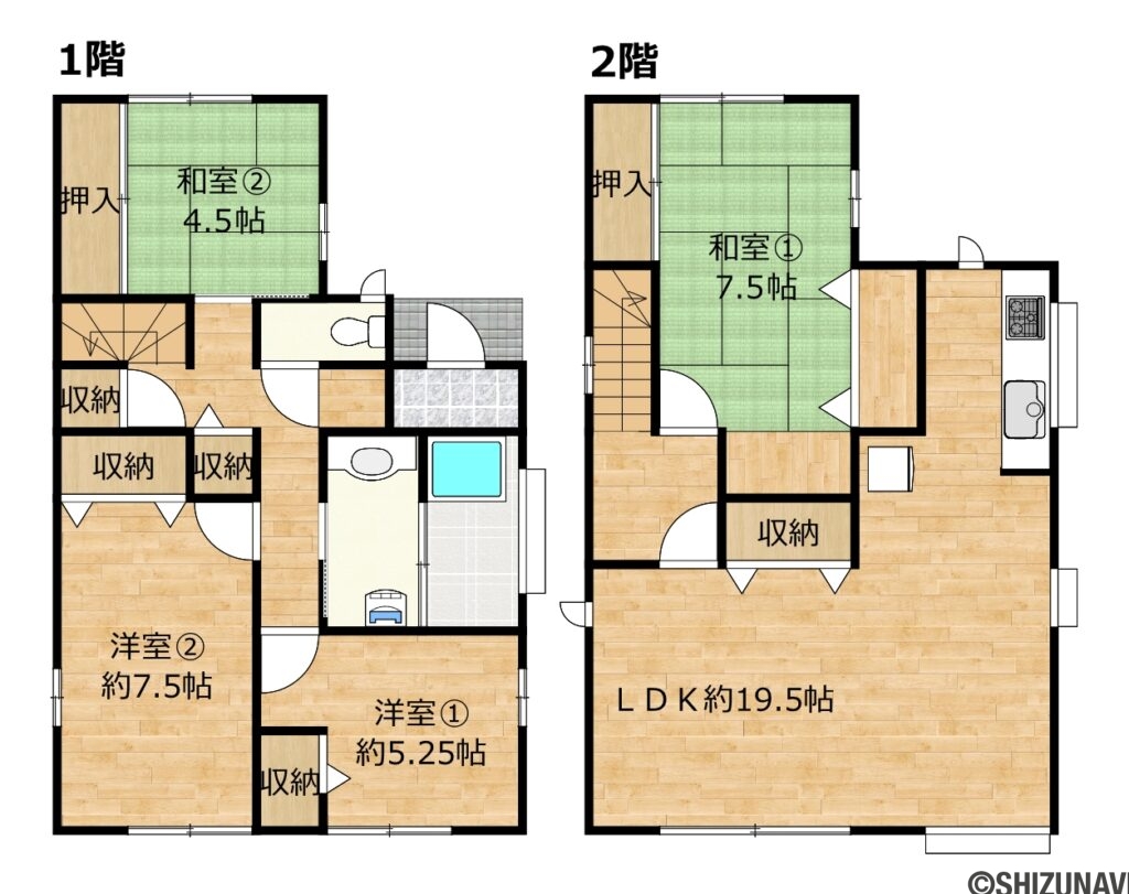 【リフォーム前／間取り図】2階に約19.5帖とゆとりのあるLDKがございます。2階の和室は洋室へリフォーム予定です。各部屋に収納がついており、収納力豊富なお家です。