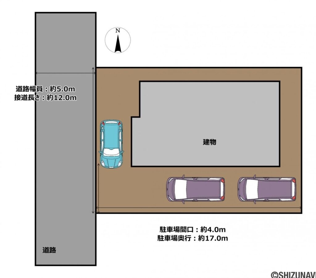 【区画図】縦列3台、横付け1台の最大4台駐車可能です。