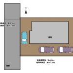 【区画図】縦列3台、横付け1台の最大4台駐車可能です。