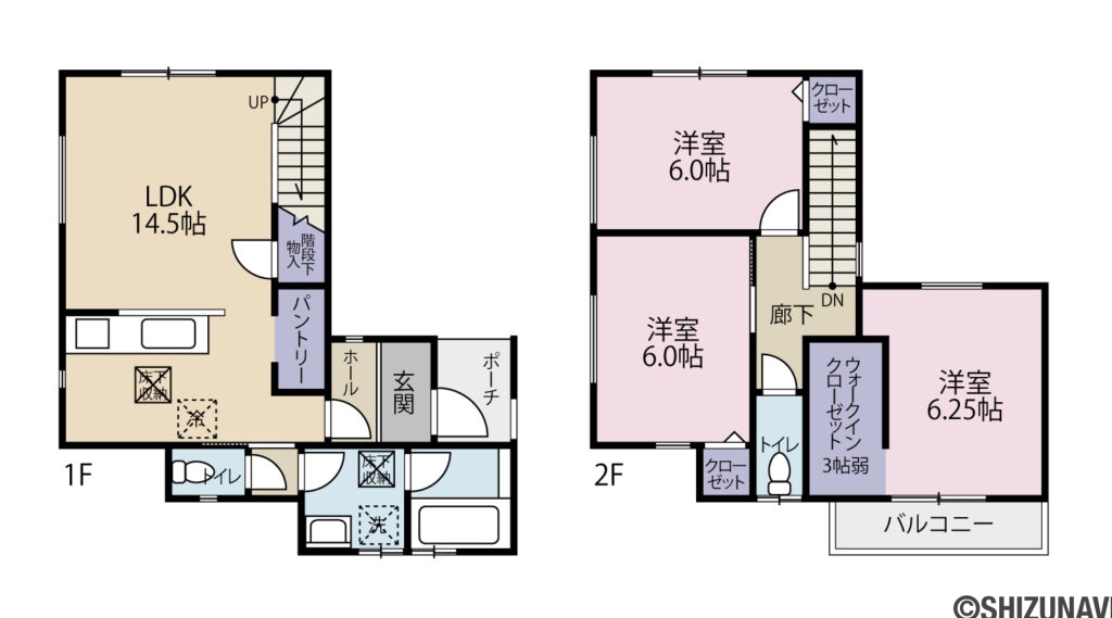 【完成済み】静岡市駿河区 敷地２丁目 2階建 ３ＬＤＫ 即入居可。の3LDK（３ＬＤＫ（ＬＤＫ１４．５、洋６．２、６、６））の間取り図