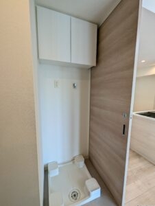 洗濯機置き場の上にも収納付き。