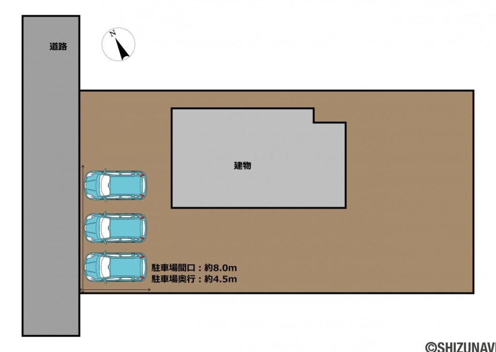 【区画図】駐車場は並列3台駐車可能です。南東にお庭があり、家庭菜園や造園も可能な広さ、お子様ものびのびと遊ぶことができるスペースとなっております。