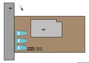 【区画図】駐車場は並列3台駐車可能です。南東にお庭があり、家庭菜園や造園も可能な広さ、お子様ものびのびと遊ぶことができるスペースとなっております。