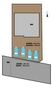 【区画図】駐車場拡張工事を行い、並列4台駐車可能となります。ご家族で複数台所有の方や来客時にも便利です。
