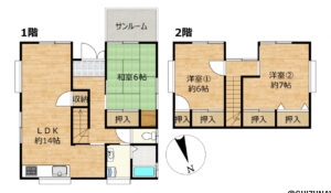 【間取り図】全部屋クロス張替え、床材張替え、照明設備新品取り付け、水回り設備全交換、外壁塗装を行います。