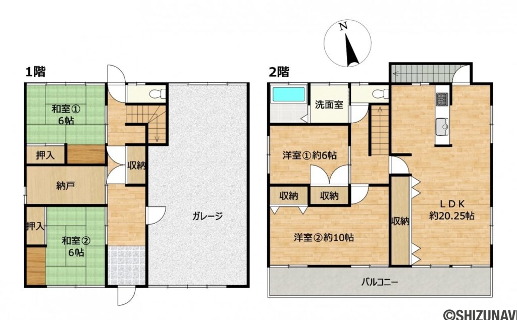 浜松市中央区大人見町　中古住宅の中古住宅4SLDK（リビングダイニングキッチン約20.25帖、洋室①約6帖、洋室②約10帖、和室①約6帖、和室②約6帖）