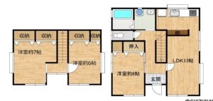 【リフォーム後予定間取り図】全部屋クロス張替え、床材張替え、照明設備新品取り付け、水回り設備全交換、外壁塗装を行います。
