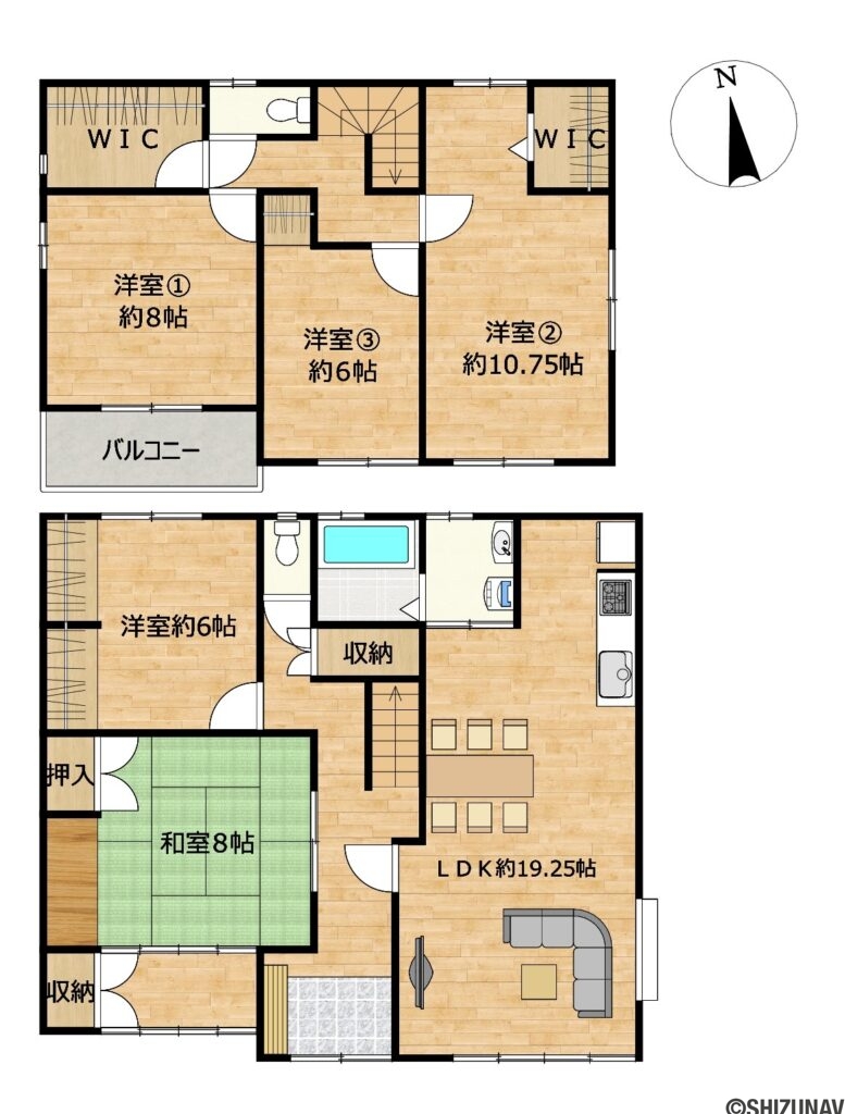 【リフォーム後間取り図】リフォーム後は約19.25帖の広々としたLDKを確保。水回り設備を一新し、1階に2部屋、2階に3部屋を備えた、ゆとりある5SLDKの住まいへ生まれ変わります。
