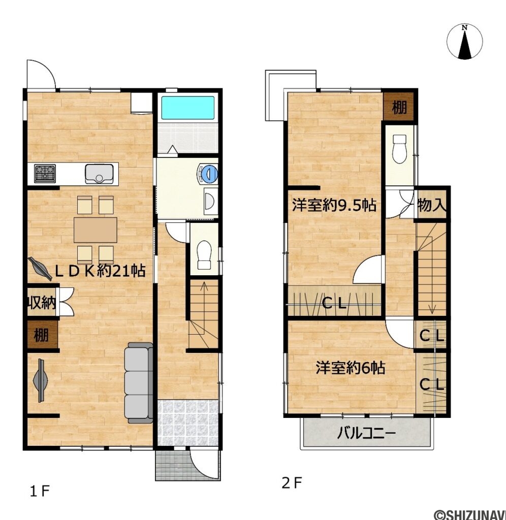 浜松市中央区篠原町　中古住宅の中古住宅2LDK（リビングダイニングキッチン約21帖、洋室約9.5帖・洋室約6帖）