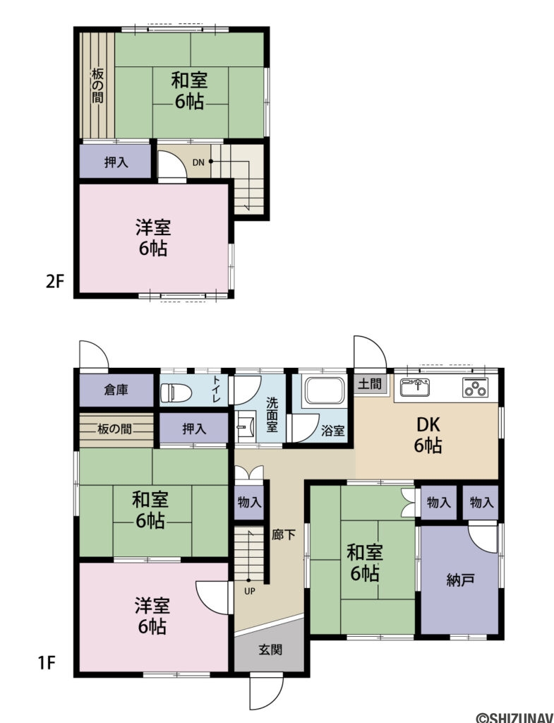 富士市岩本537-81 中古住宅の5DK＋S（1階：DK6帖・洋室6帖・和室6帖・和室6帖・押入・納戸・洗面所・浴室・トイレ
2階：洋室6帖・和室6帖・押入

）の間取り図