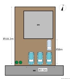 【リフォーム後区画図】（予定）駐車場は拡張工事を行い、普通車並列3台停められる広さになる予定です。