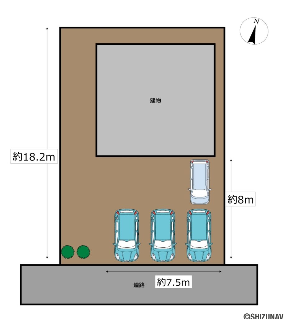 【リフォーム後区画図】（予定）駐車場は拡張工事を行い、普通車並列3台停められる広さになる予定です。