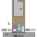 【区画図】駐車場は並列駐車が可能です。車種になりますが2台から3台駐車可能です。複数台お車をお持ちの方も安心ですね。