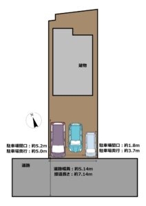 【区画図】駐車場は並列駐車が可能です。車種になりますが2台から3台駐車可能です。複数台お車をお持ちの方も安心ですね。