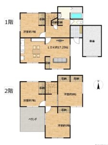 【リフォーム後間取り図】（予定）1階は2部屋を繋げてLDKに変更いたします。和室は洋室へリフォーム予定です。各部屋に収納がついており、収納力豊富なお家です。