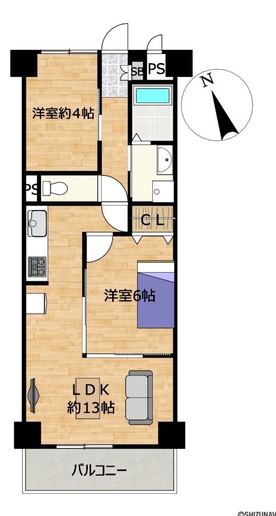 【リフォーム後間取図】8階部分ならではの開放感と眺望が魅力の住戸です。水回り設備を一新し、フローリングの上張り、クロスを張り替え、リビングに隣接する洋室を備えた快適な住空間へと生まれ変わります。