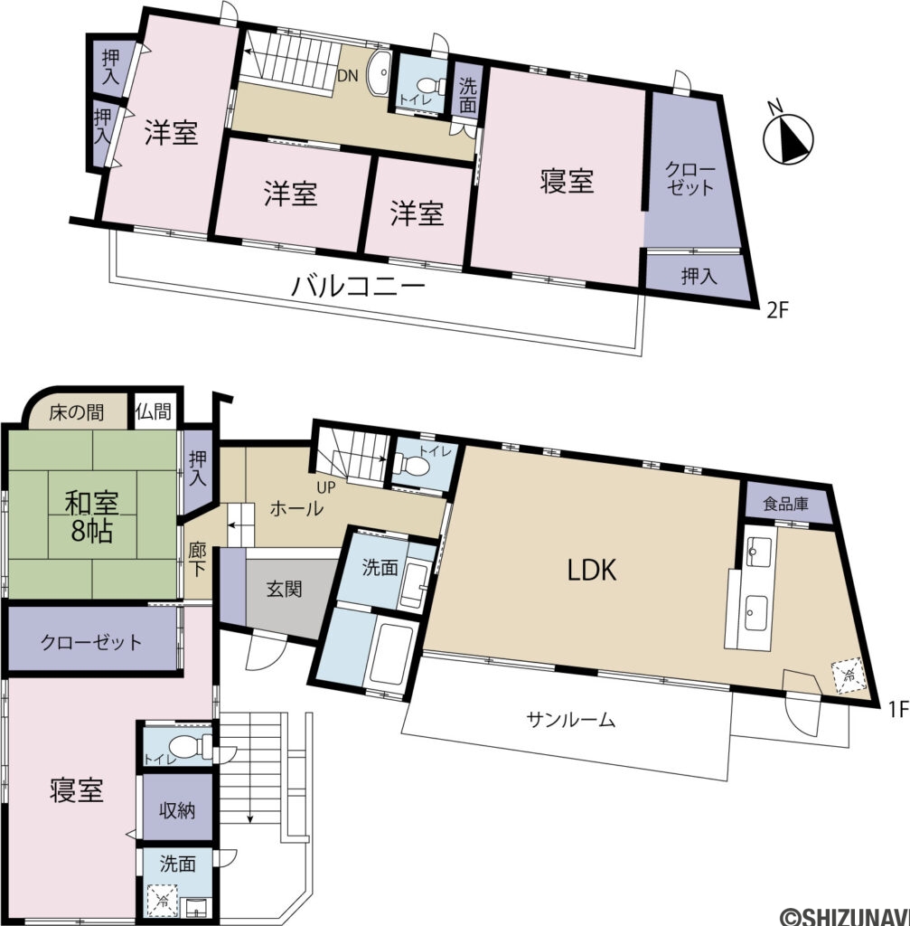 【仲介手数料不要】掛川市杉谷　ガレージ・お庭・物置付き　6LDKの6LDK（LDK約23.8帖、和室8帖、洋間約7.4帖、洋間約6.5帖、洋間約5.9帖、洋間約3帖、洋間約7.2帖

地階RC造ガレージ並列4台+カーポート1台

物置3.02帖）の間取り図