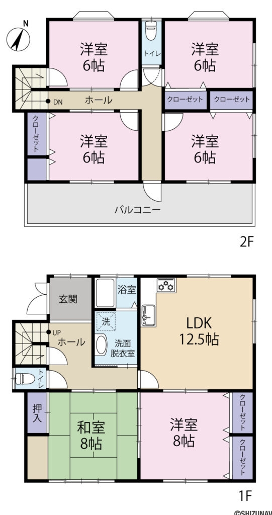 葵区瀬名中央三丁目　部屋数豊富な6LDKの戸建　の6LDK（LDK　12.5帖　和室 8帖　1階洋室 8帖　2F洋室 8帖×4）の間取り図