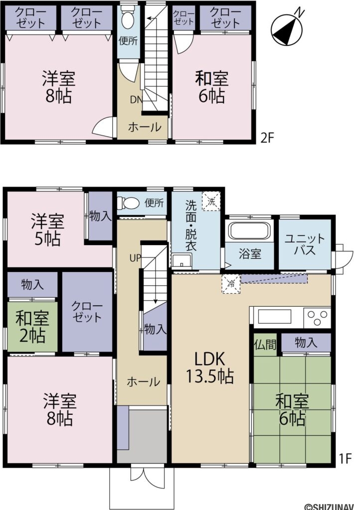 ガーデニング・家庭菜園できます！【駿河区中島】の5SLDK（1F:LDK13.5帖、和室6帖、洋室8帖、洋室5帖
2F:洋室8帖、和室6帖）の間取り図