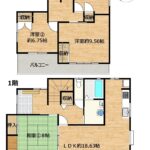 【RF後間取り図】フローリングは、1階は張替えを行い、2階はクリーニングを行います。水回り設備を交換し、駐車場っは3台分へ拡張予定の住まいです。