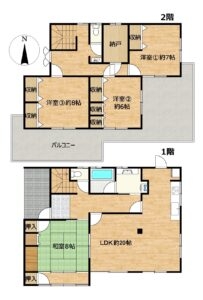 【リフォーム後予定間取り図】1階には約20帖LDKと8帖和室があり、2階には洋室が3部屋あります。