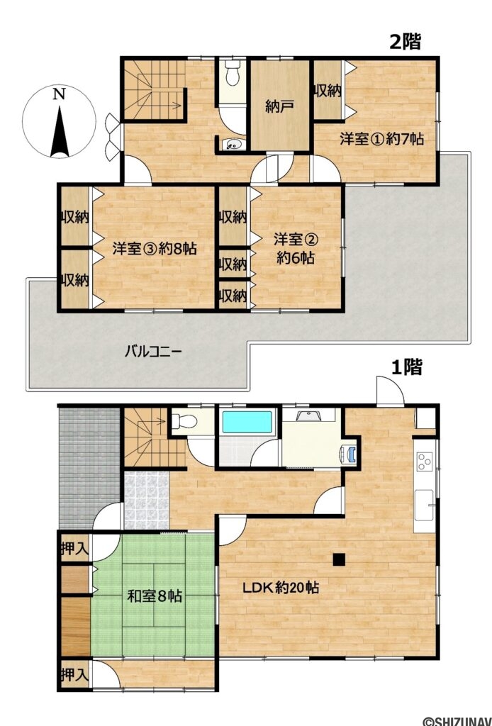 【リフォーム後予定間取り図】1階には約20帖LDKと8帖和室があり、2階には洋室が3部屋あります。