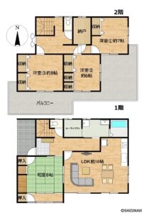 【リフォーム後予定間取り図】1階には約18帖LDKと8帖和室があり、2階には洋室が3部屋あります。