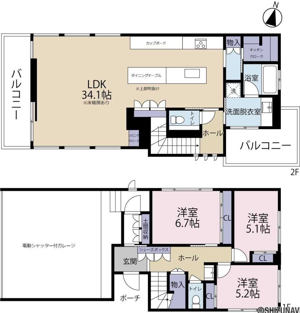 三島市塚原新田　中古住宅の中古住宅3LDK（1階：洋室 6.7帖・洋室 5.2帖・洋室 5.1帖／
2階：LDK 34.1帖）